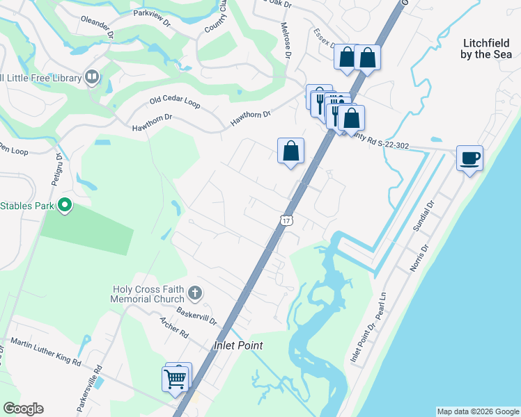 map of restaurants, bars, coffee shops, grocery stores, and more near 166 Yale Place in Pawleys Island
