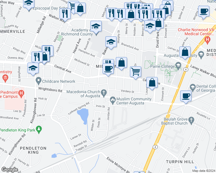 map of restaurants, bars, coffee shops, grocery stores, and more near 1306 Wilson Street in Augusta