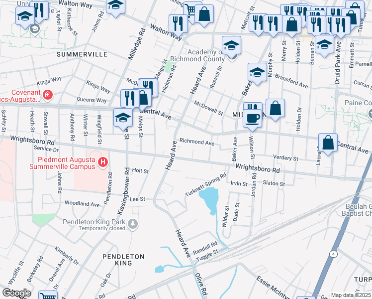 map of restaurants, bars, coffee shops, grocery stores, and more near 2024 Richmond Avenue in Augusta