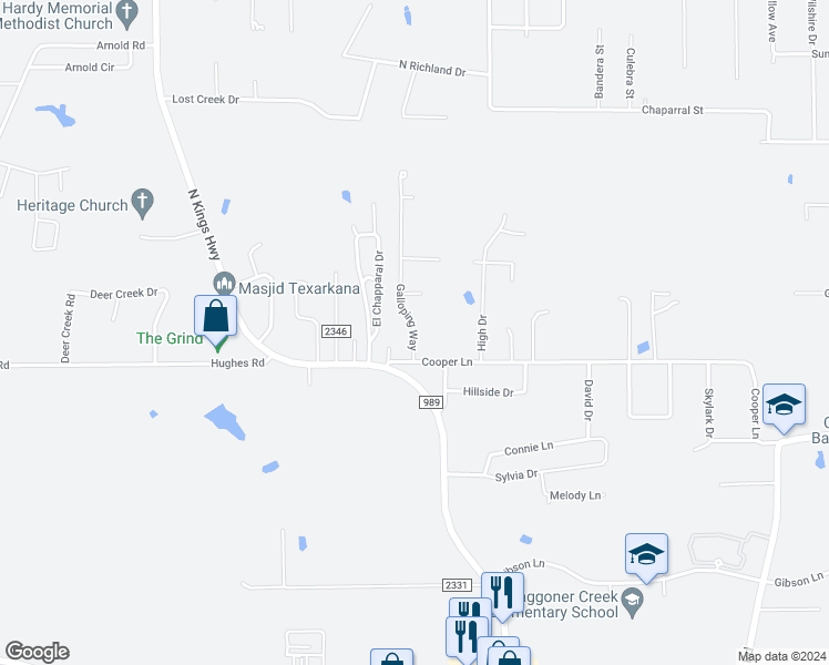 map of restaurants, bars, coffee shops, grocery stores, and more near 5118-5120 Galloping Way in Texarkana