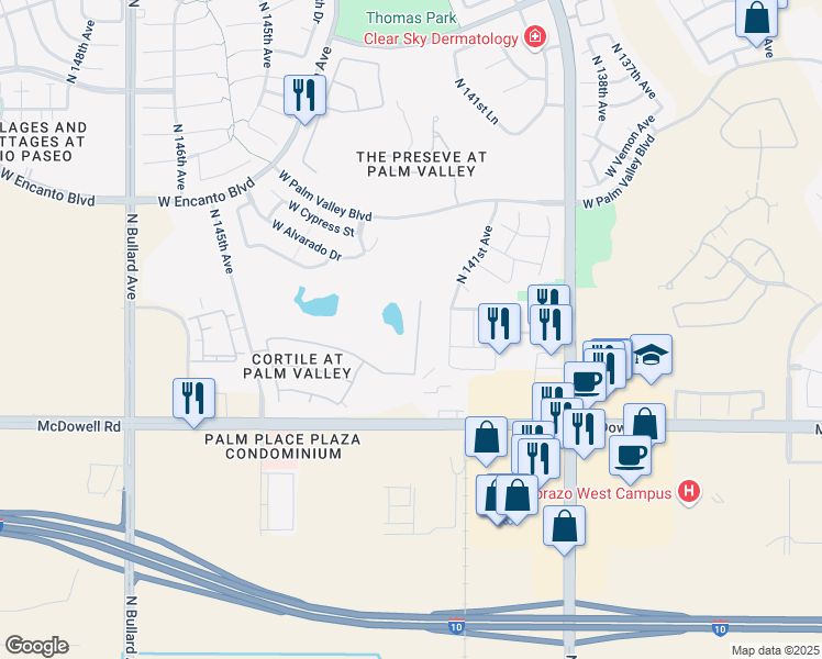 map of restaurants, bars, coffee shops, grocery stores, and more near 14206 West Palm Lane in Goodyear