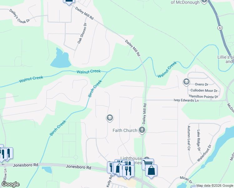 map of restaurants, bars, coffee shops, grocery stores, and more near 60 Woodside Court in McDonough