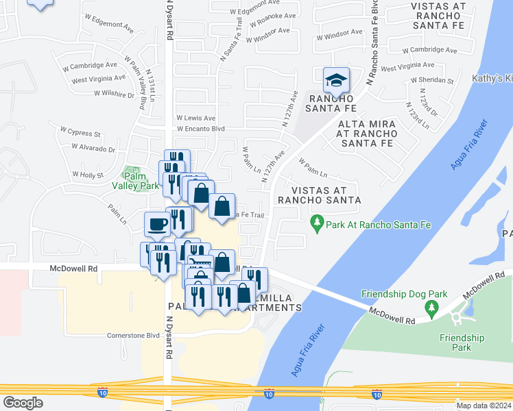map of restaurants, bars, coffee shops, grocery stores, and more near 1810 North 127th Avenue in Avondale