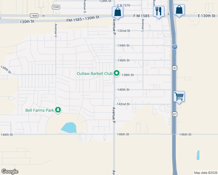 map of restaurants, bars, coffee shops, grocery stores, and more near 13808 Avenue Q in Lubbock
