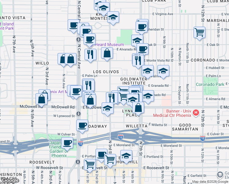 map of restaurants, bars, coffee shops, grocery stores, and more near 313 E Coronado Rd in Phoenix