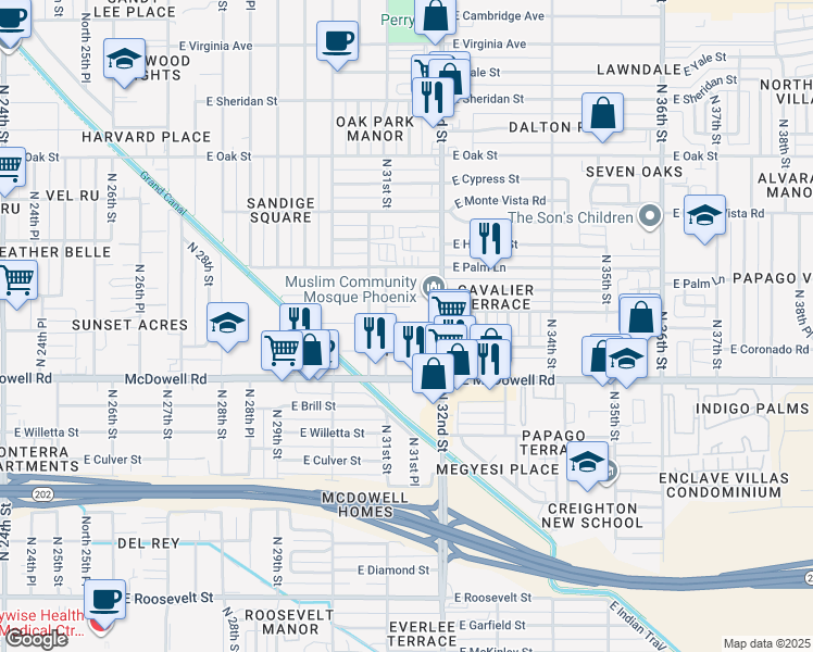 map of restaurants, bars, coffee shops, grocery stores, and more near 1803 North 31st Place in Phoenix