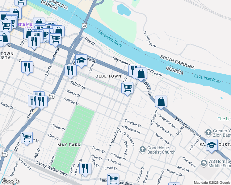 map of restaurants, bars, coffee shops, grocery stores, and more near 111 Greene Street in Augusta