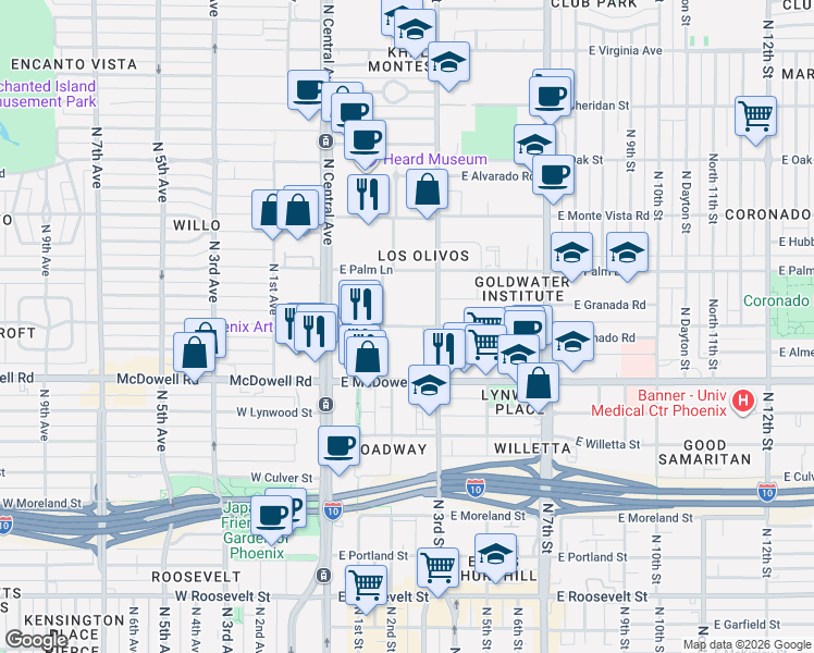 map of restaurants, bars, coffee shops, grocery stores, and more near 121 East Coronado Road in Phoenix