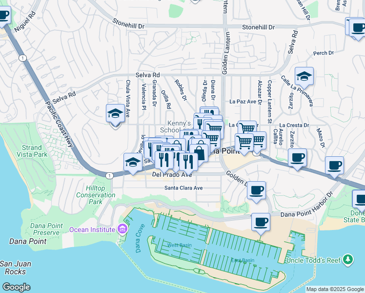 map of restaurants, bars, coffee shops, grocery stores, and more near 34105 El Encanto Avenue in Dana Point