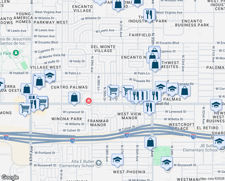 map of restaurants, bars, coffee shops, grocery stores, and more near 1806 North 37th Drive in Phoenix