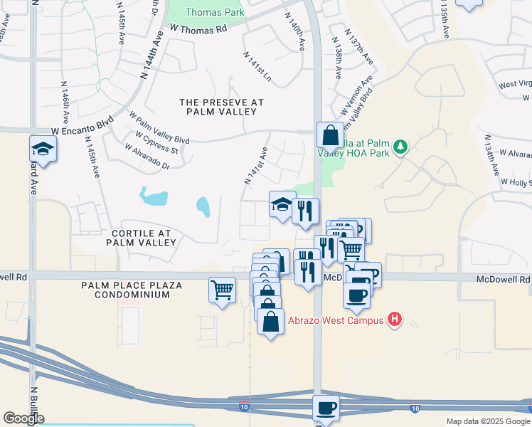 map of restaurants, bars, coffee shops, grocery stores, and more near 1863 North 140th Drive in Goodyear