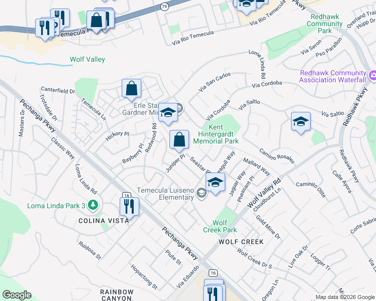 map of restaurants, bars, coffee shops, grocery stores, and more near 31536 Seastar Place in Temecula