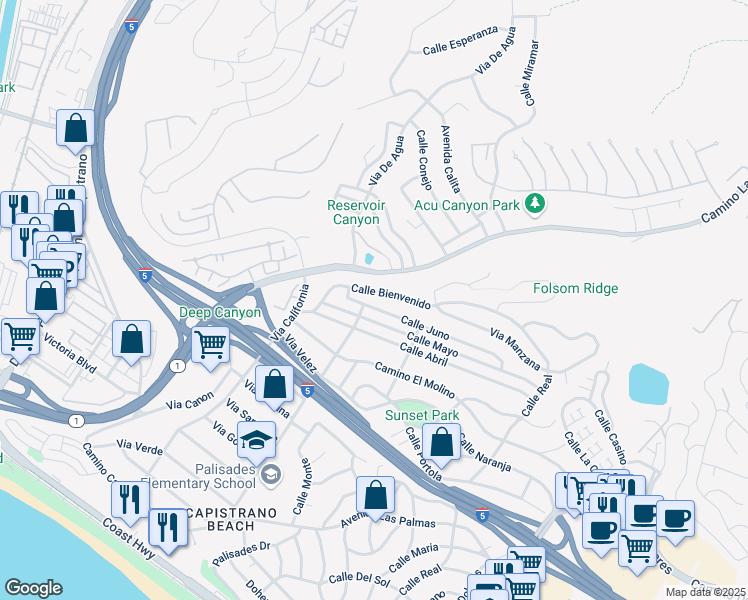 map of restaurants, bars, coffee shops, grocery stores, and more near 4126 Calle Bienvenido in San Clemente