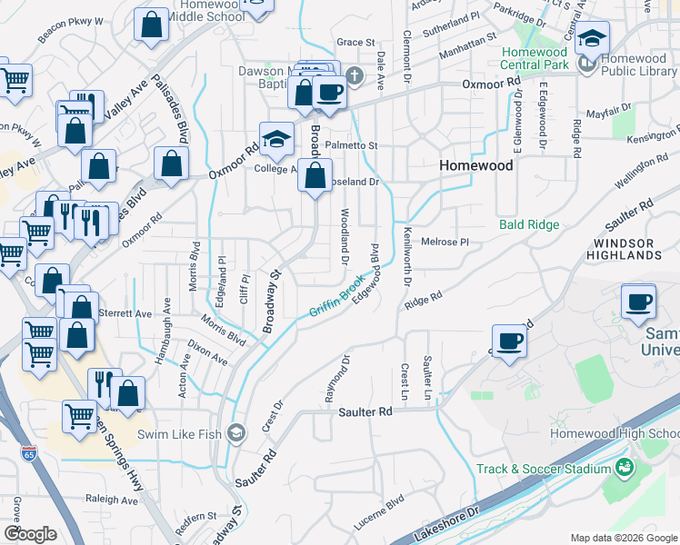 map of restaurants, bars, coffee shops, grocery stores, and more near 1013 Melrose Place in Birmingham