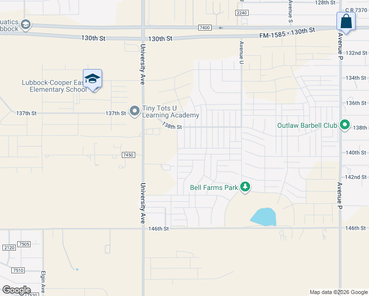 map of restaurants, bars, coffee shops, grocery stores, and more near 139th Street in Lubbock