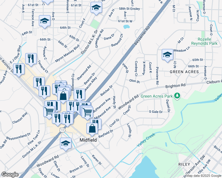map of restaurants, bars, coffee shops, grocery stores, and more near 377 Belcher Drive in Birmingham