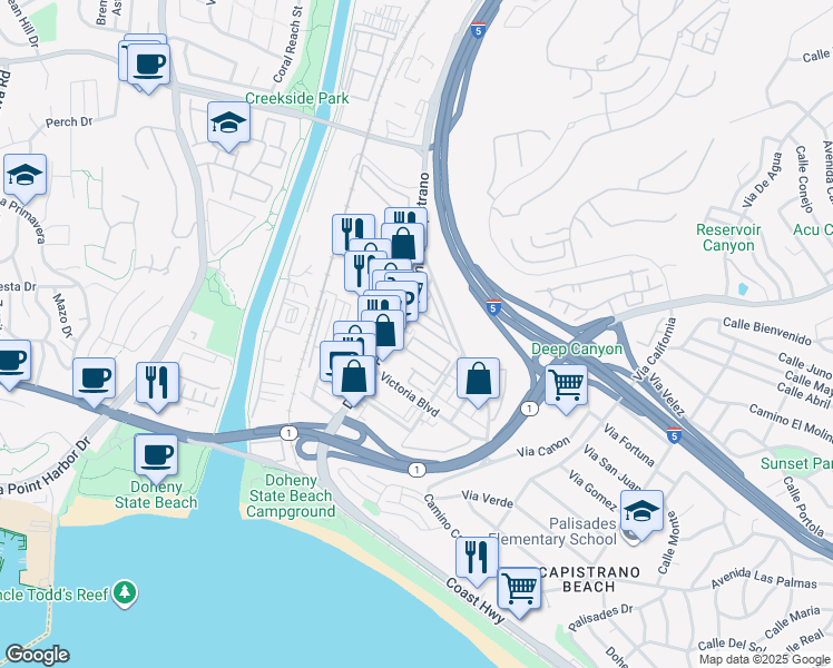 map of restaurants, bars, coffee shops, grocery stores, and more near 34052 Doheny Park Road in Dana Point