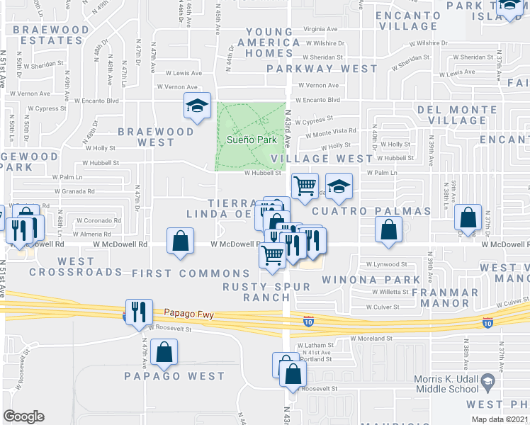 map of restaurants, bars, coffee shops, grocery stores, and more near 1844 North 43rd Avenue in Phoenix