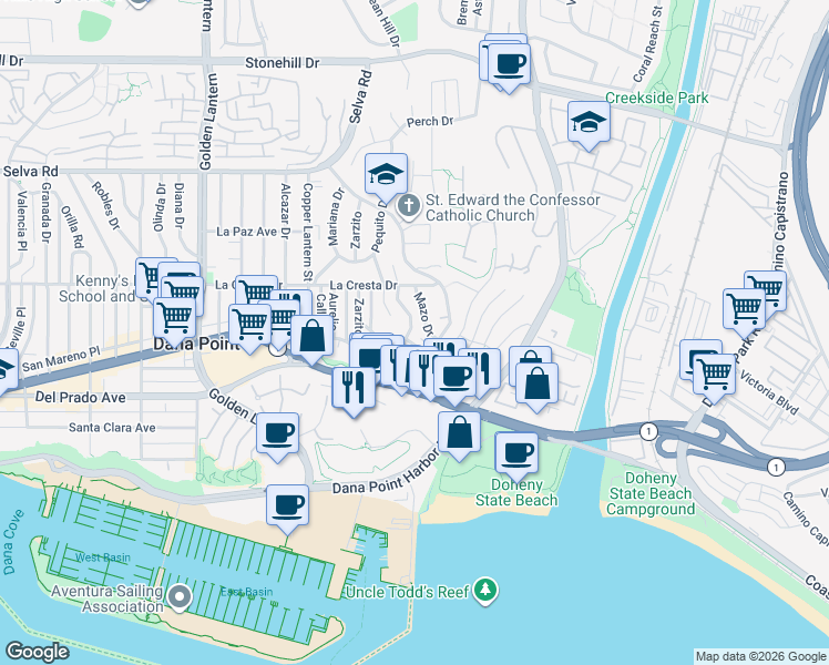 map of restaurants, bars, coffee shops, grocery stores, and more near 34081 Crystal Lantern in Dana Point