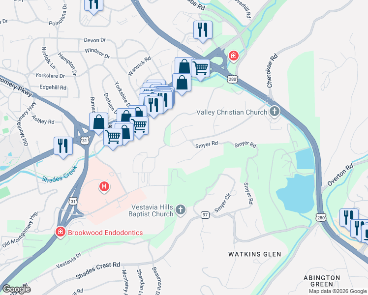 map of restaurants, bars, coffee shops, grocery stores, and more near 2616 Cherokee Road in Vestavia Hills