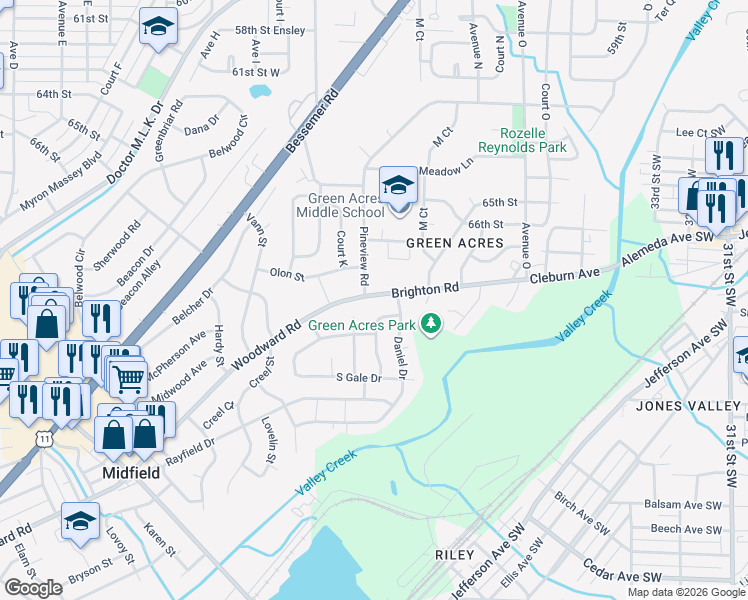 map of restaurants, bars, coffee shops, grocery stores, and more near 1212 Brighton Road in Birmingham