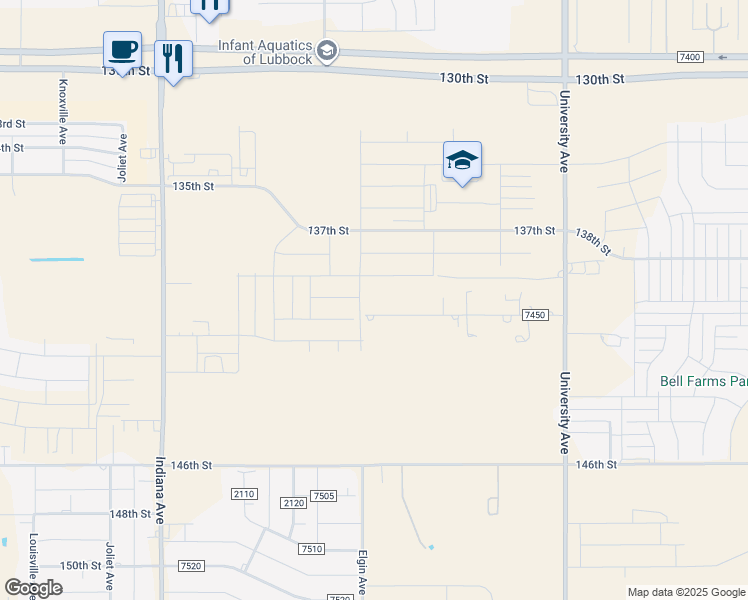 map of restaurants, bars, coffee shops, grocery stores, and more near 2920 County Road 7450 in Lubbock