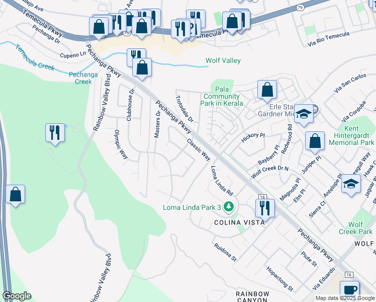 map of restaurants, bars, coffee shops, grocery stores, and more near 30932 Greensboro Drive in Temecula