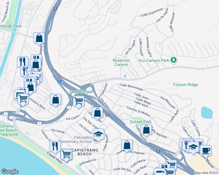 map of restaurants, bars, coffee shops, grocery stores, and more near 604 Calle Bienvenido in San Clemente