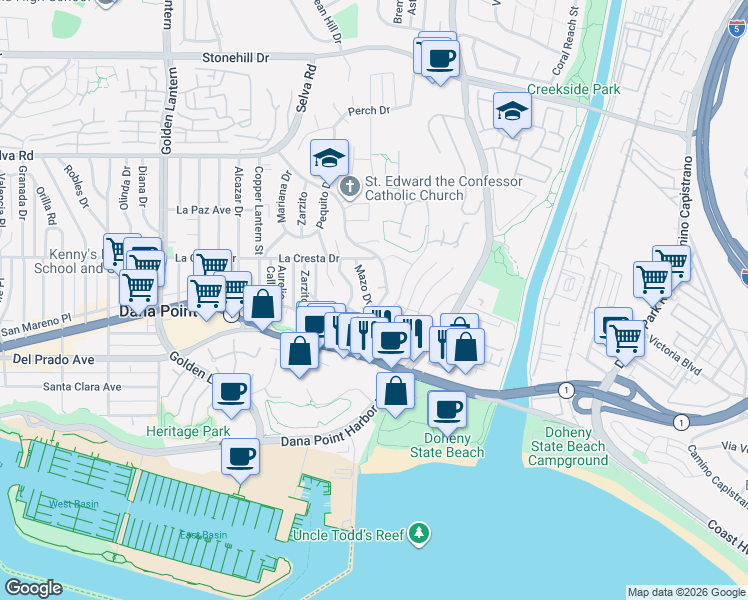 map of restaurants, bars, coffee shops, grocery stores, and more near 34101 Calle La Primavera in Dana Point