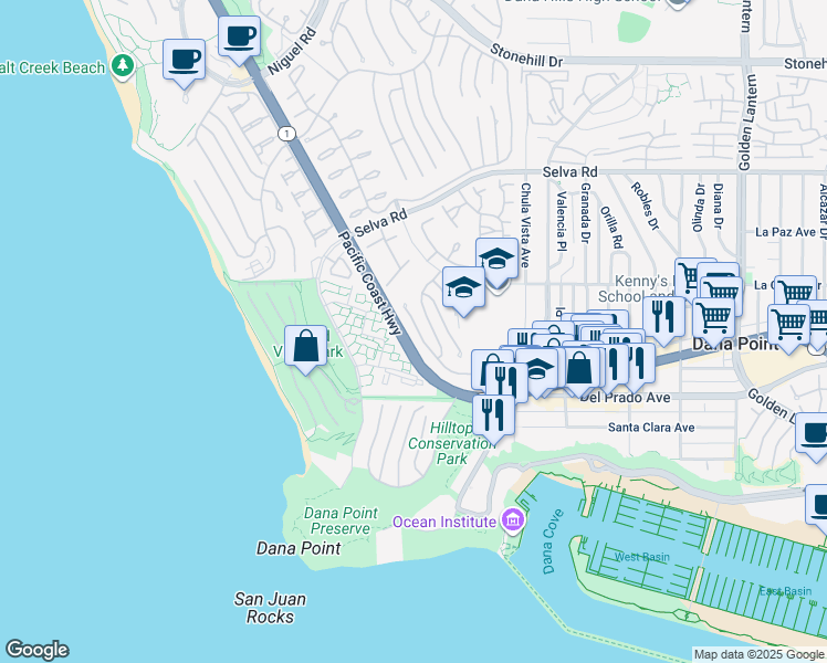 map of restaurants, bars, coffee shops, grocery stores, and more near 27 Palm Beach Court in Dana Point