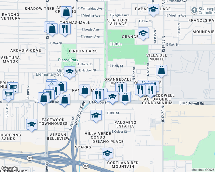 map of restaurants, bars, coffee shops, grocery stores, and more near 1812 North 48th Place in Phoenix