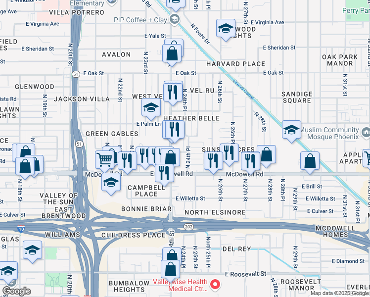 map of restaurants, bars, coffee shops, grocery stores, and more near 1818 North 24th Place in Phoenix