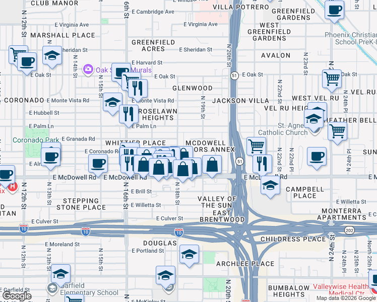 map of restaurants, bars, coffee shops, grocery stores, and more near 1806 North 18th Place in Phoenix