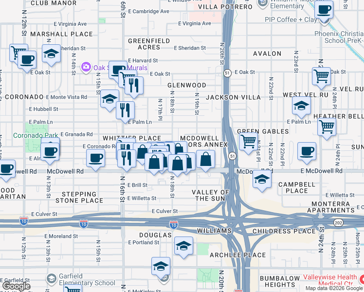 map of restaurants, bars, coffee shops, grocery stores, and more near 1806 North 18th Place in Phoenix
