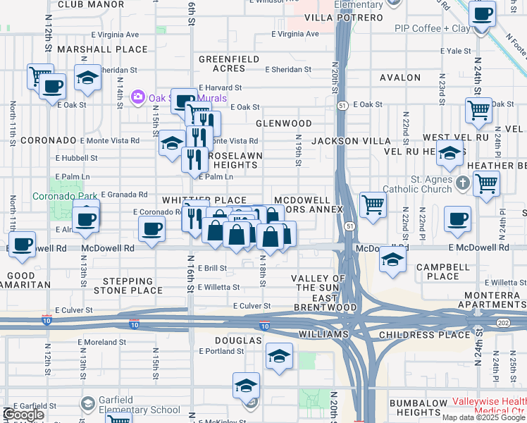 map of restaurants, bars, coffee shops, grocery stores, and more near 1736 East Coronado Road in Phoenix