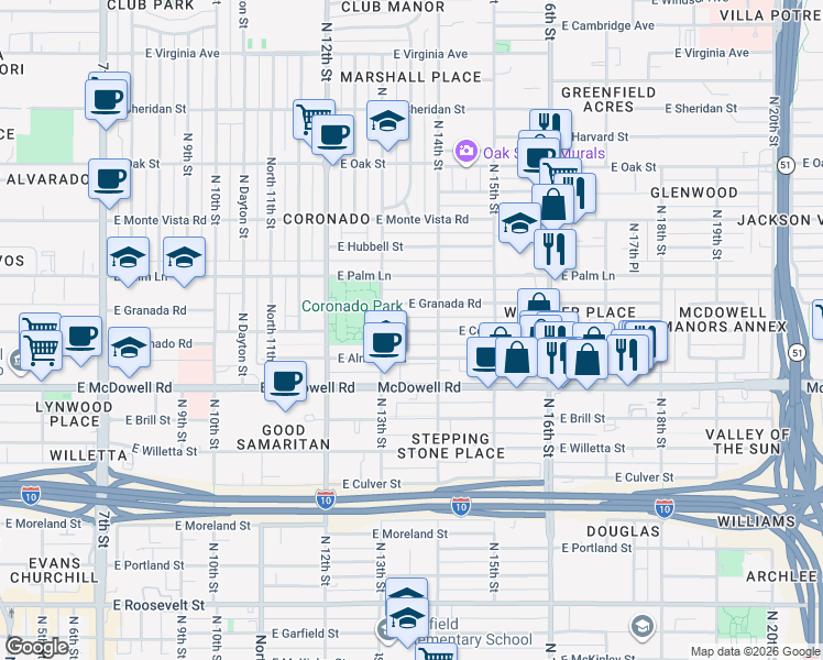 map of restaurants, bars, coffee shops, grocery stores, and more near 1330 East Coronado Road in Phoenix