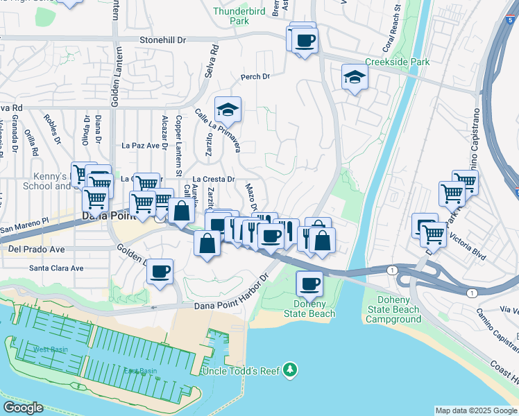 map of restaurants, bars, coffee shops, grocery stores, and more near 34081 Calle La Primavera in Dana Point