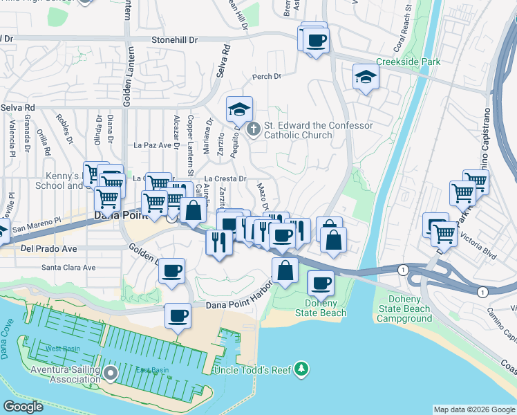 map of restaurants, bars, coffee shops, grocery stores, and more near 34081 Crystal Lantern in Dana Point