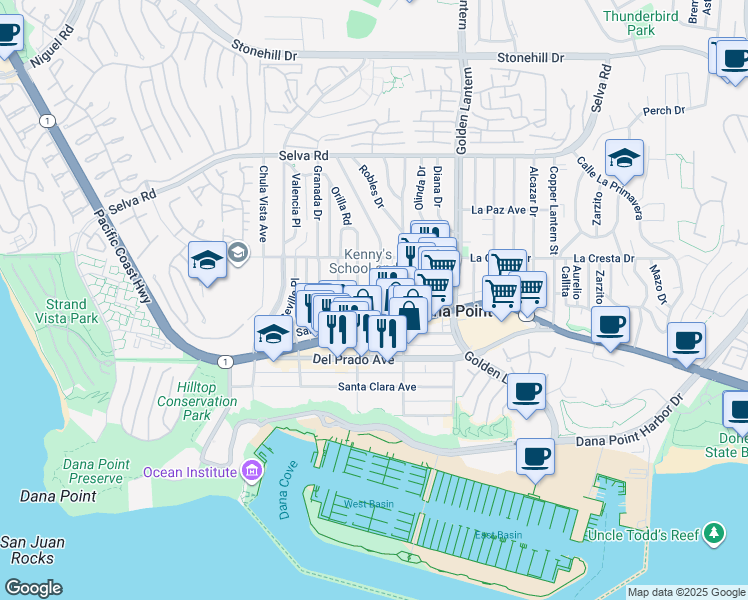 map of restaurants, bars, coffee shops, grocery stores, and more near 34072 Street of the Amber Lantern in Dana Point