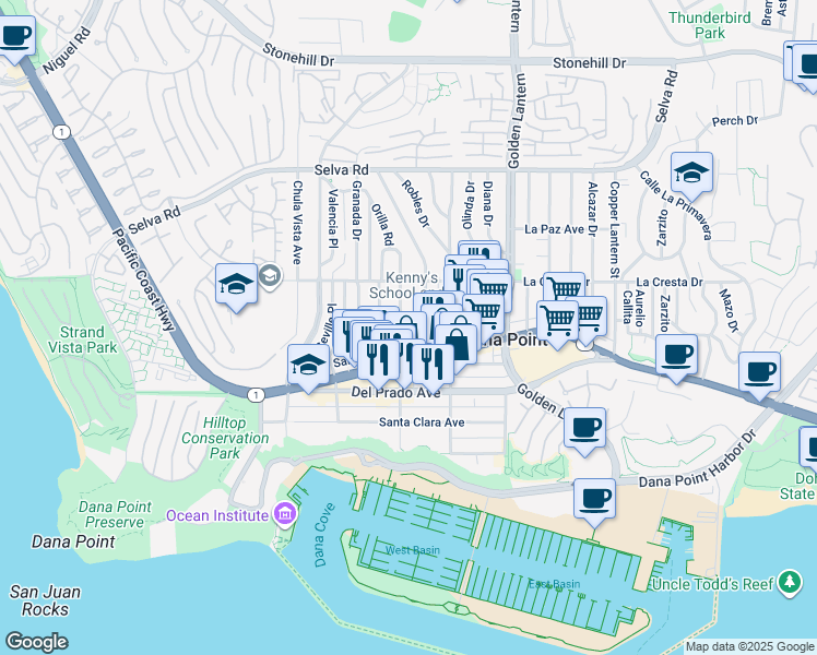 map of restaurants, bars, coffee shops, grocery stores, and more near 34072 Street of the Amber Lantern in Dana Point