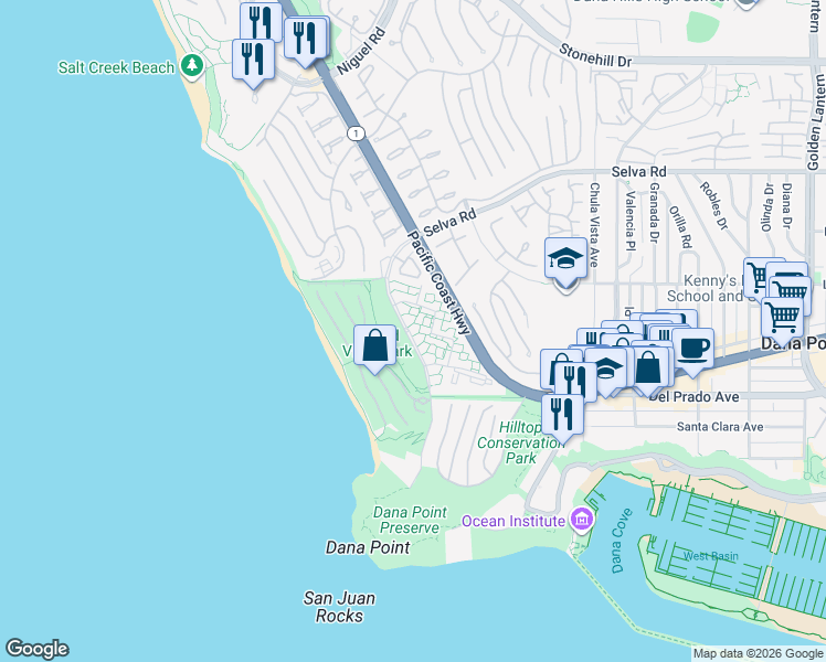 map of restaurants, bars, coffee shops, grocery stores, and more near 34028 Selva Road in Dana Point