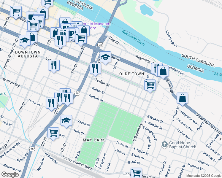 map of restaurants, bars, coffee shops, grocery stores, and more near 260 Telfair Street in Augusta