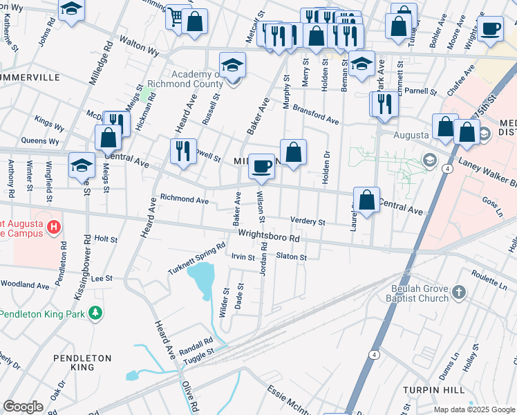 map of restaurants, bars, coffee shops, grocery stores, and more near 1306 Wilson Street in Augusta