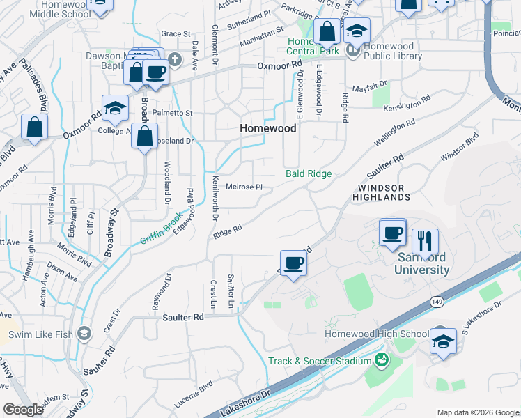 map of restaurants, bars, coffee shops, grocery stores, and more near 1424 Overlook Road in Birmingham