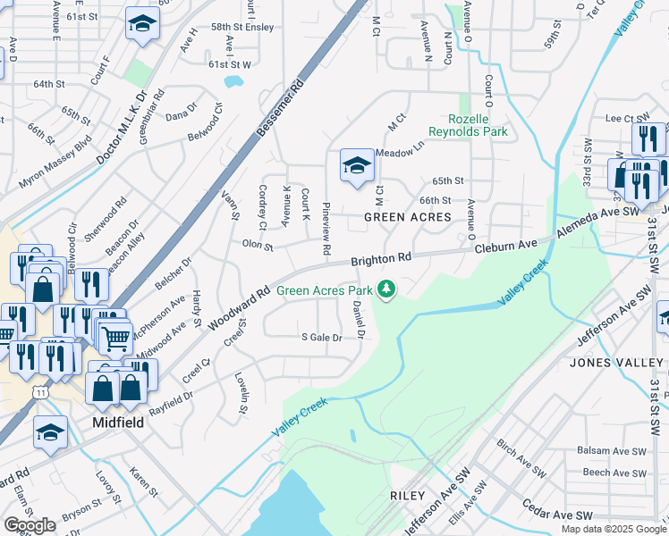 map of restaurants, bars, coffee shops, grocery stores, and more near 1212 Brighton Road in Birmingham