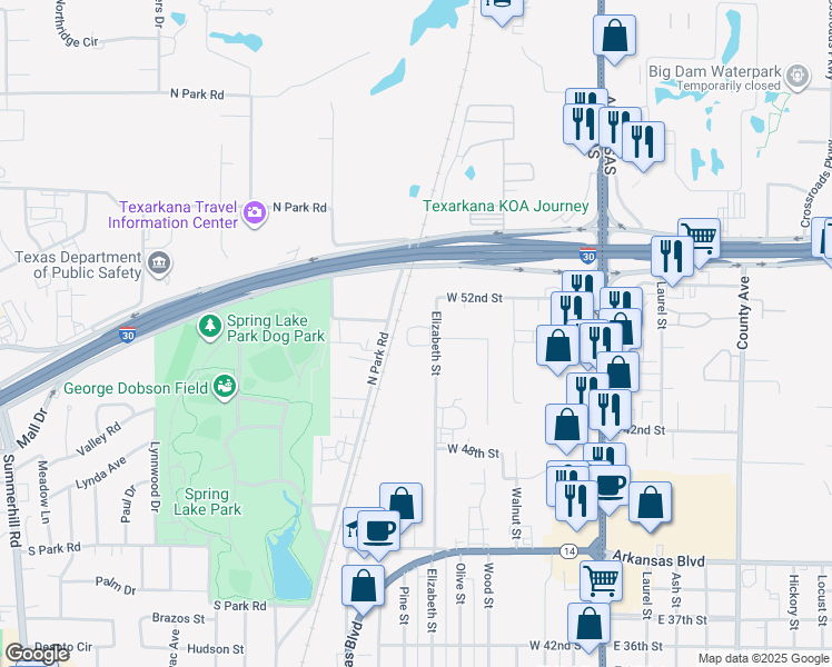 map of restaurants, bars, coffee shops, grocery stores, and more near 4925 Elizabeth Street in Texarkana