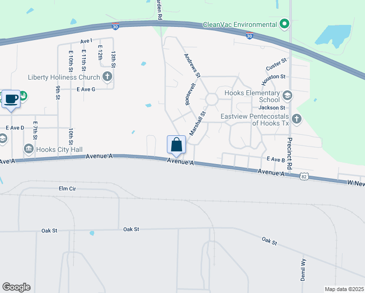 map of restaurants, bars, coffee shops, grocery stores, and more near 300 Harman in Hooks