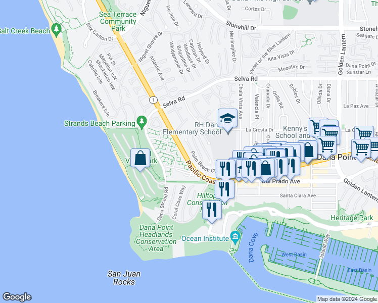 map of restaurants, bars, coffee shops, grocery stores, and more near 27 Palm Beach Court in Dana Point
