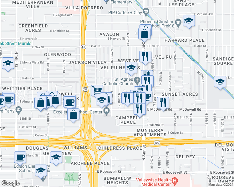 map of restaurants, bars, coffee shops, grocery stores, and more near 1650 North 22nd Place in Phoenix