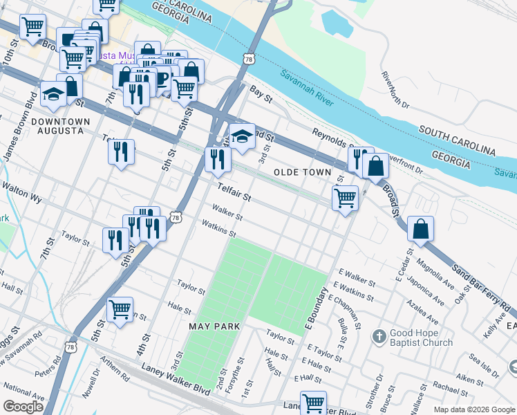 map of restaurants, bars, coffee shops, grocery stores, and more near 260 Telfair Street in Augusta